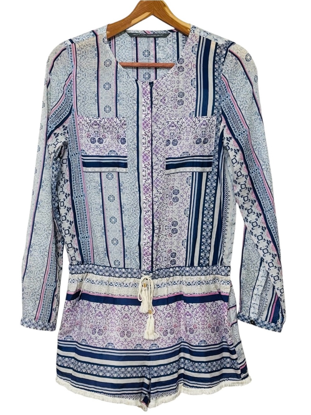 Twelfth Street Cynthia Vincent Cotton Silk Romper M Boho Blue Pink Tassel Fringe - Picture 2 of 16